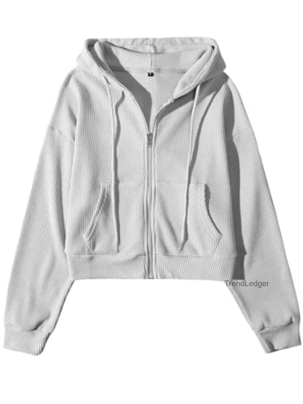 Cropped Waffle Knit Hoodie Zip Up Sweatshirt Jacket